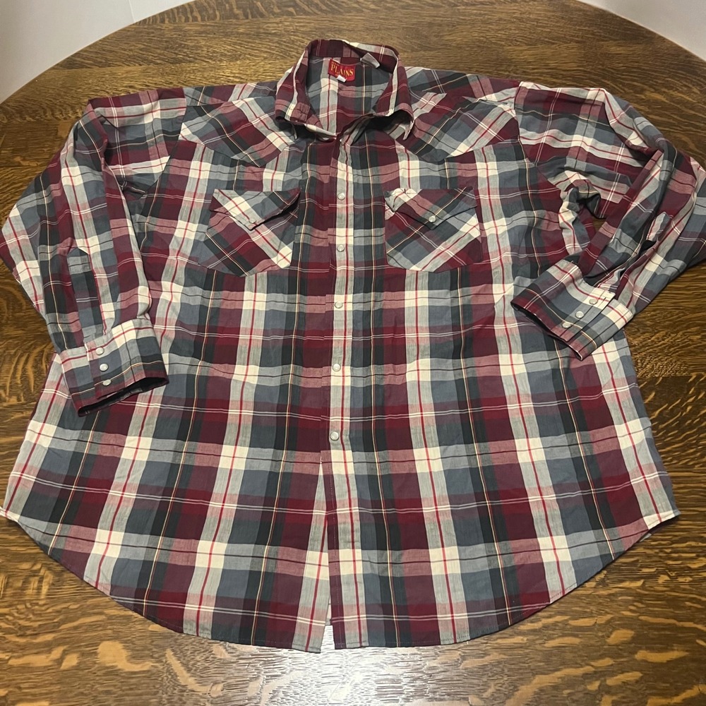 Ely Plains Western Shirt Mens XL Maroon Plaid Pearl Snap Long Sleeve Yoke Pocket